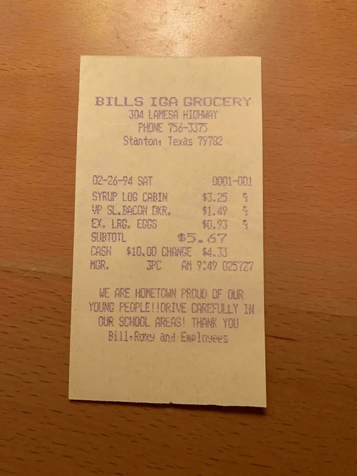 An old grocery receipt from Bills IGA Grocery, a fascinating piece of ephemera showing how the past has changed.