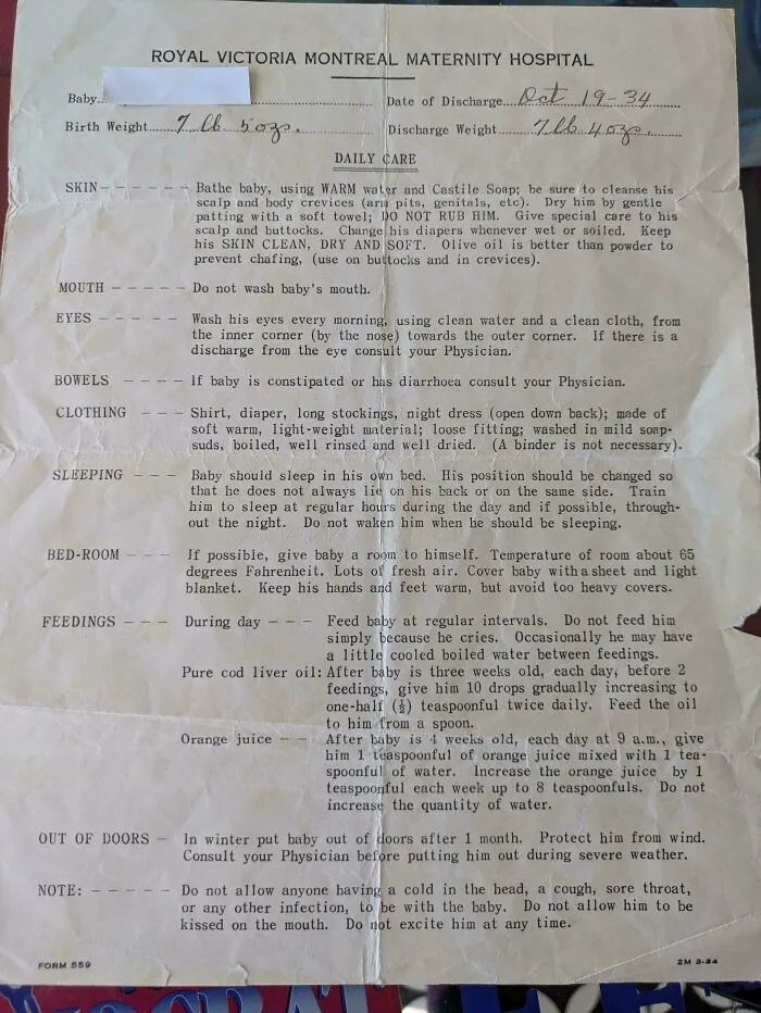 A vintage Royal Victoria Montreal Maternity Hospital document outlining baby care and feeding, an interesting piece of ephemera.