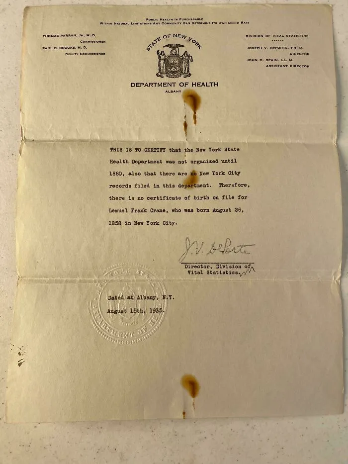 A New York State Department of Health document, a fascinating piece of ephemera showing how the past has changed.