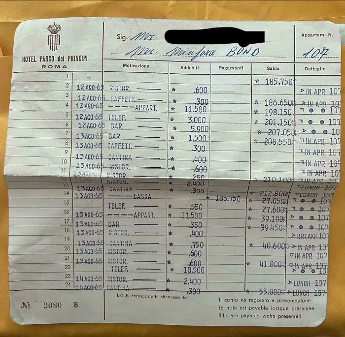 An old hotel bill from Rome, with itemized charges, reflecting how much the past has changed through ephemera.