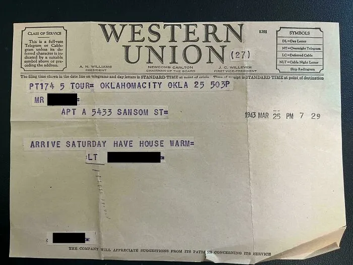 A folded Western Union telegram from 1943, an example of fascinating ephemera showing how the past has changed.