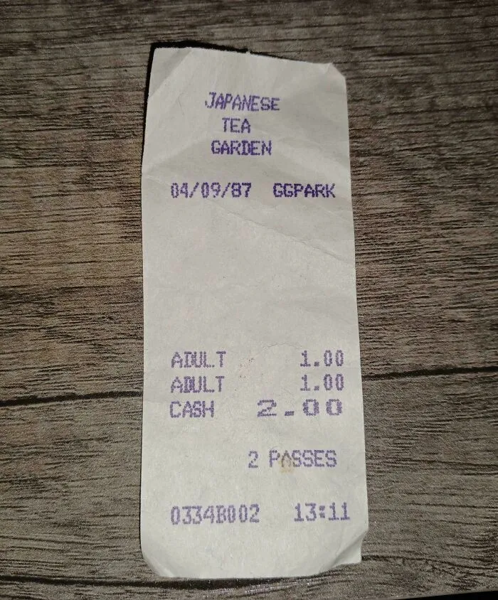 A receipt from the Japanese Tea Garden dated 1987, a fascinating piece of ephemera.
