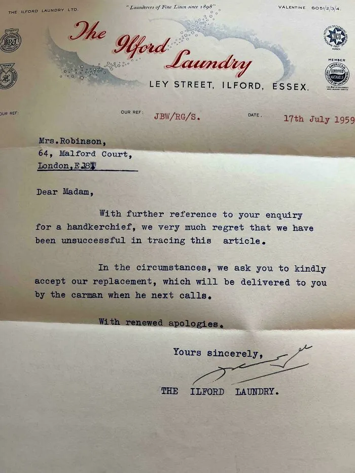 A vintage letter from The Ilford Laundry, a piece of ephemera showing how much the past has changed.