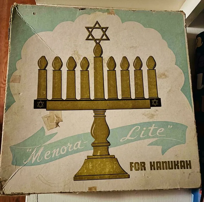 A vintage box for a Menora Lite for Hanukah, a fascinating piece of ephemera that shows how the past has changed.
