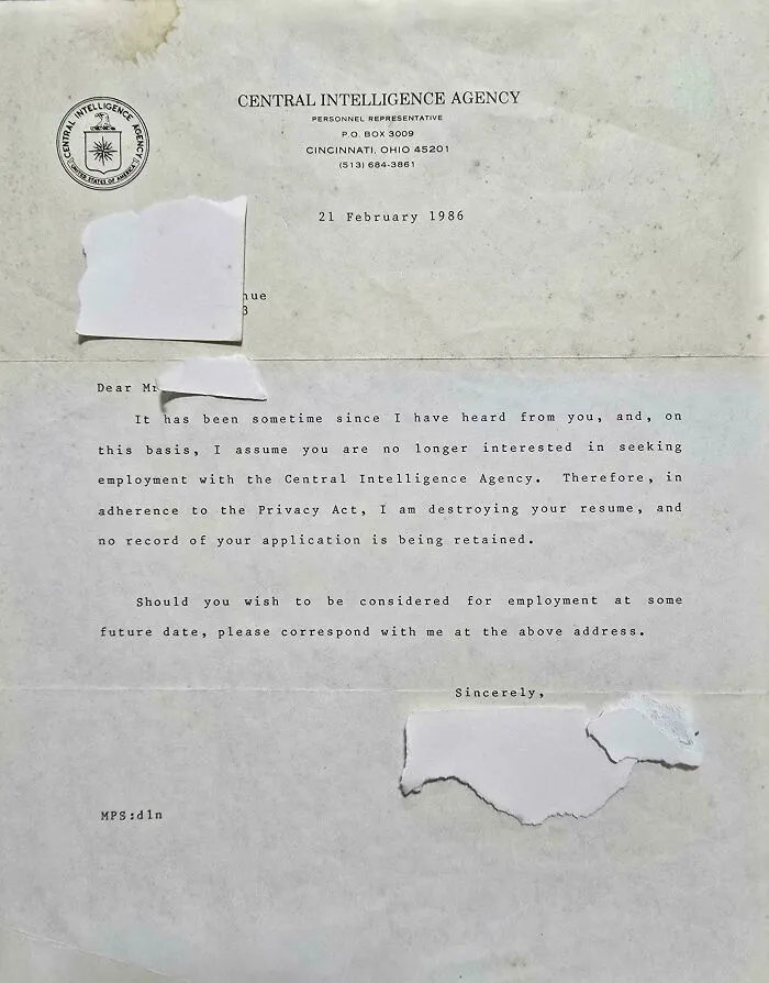 A vintage letter from the Central Intelligence Agency, an intriguing piece of ephemera showing how the past has changed.