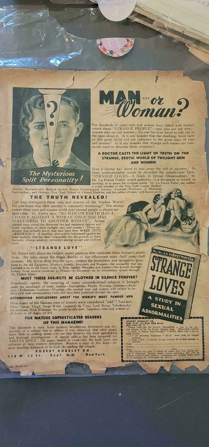 An old, crinkled magazine page with the headline Man or Woman?, a fascinating piece of ephemera revealing the past.