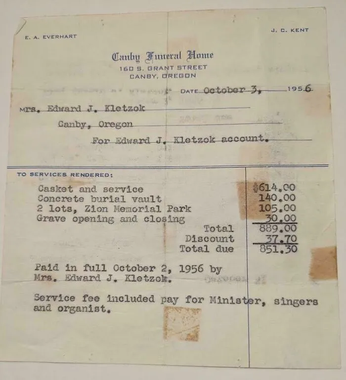 An old funeral home bill from 1956, a piece of ephemera illustrating how the past has changed.