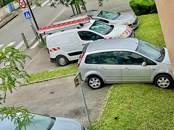 An urgent parking lesson for neighbors, with cars parked haphazardly on a grassy median and sidewalk.