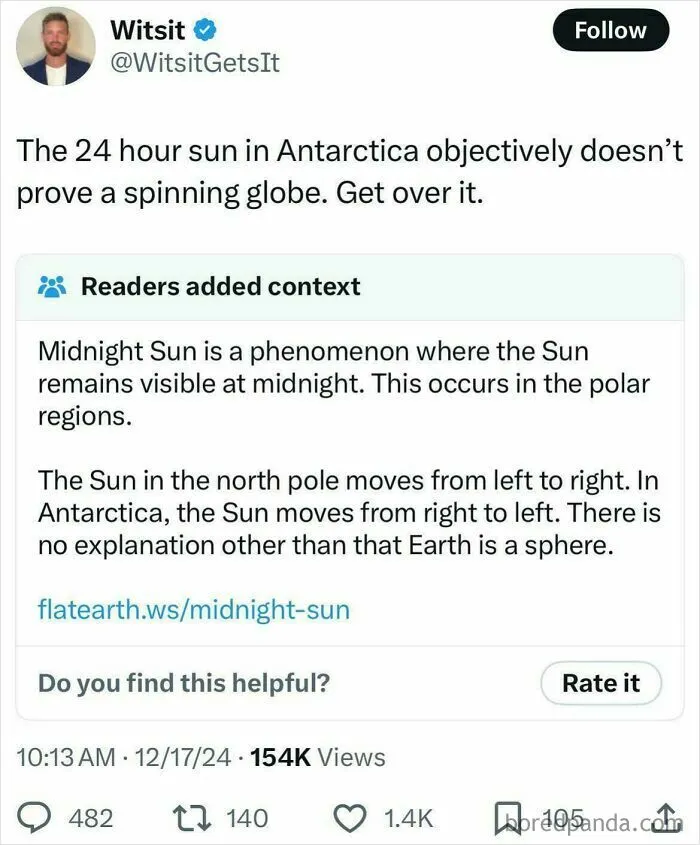 A social media post with a fact-check on the midnight sun in Antarctica, showing someone acting like a fool.