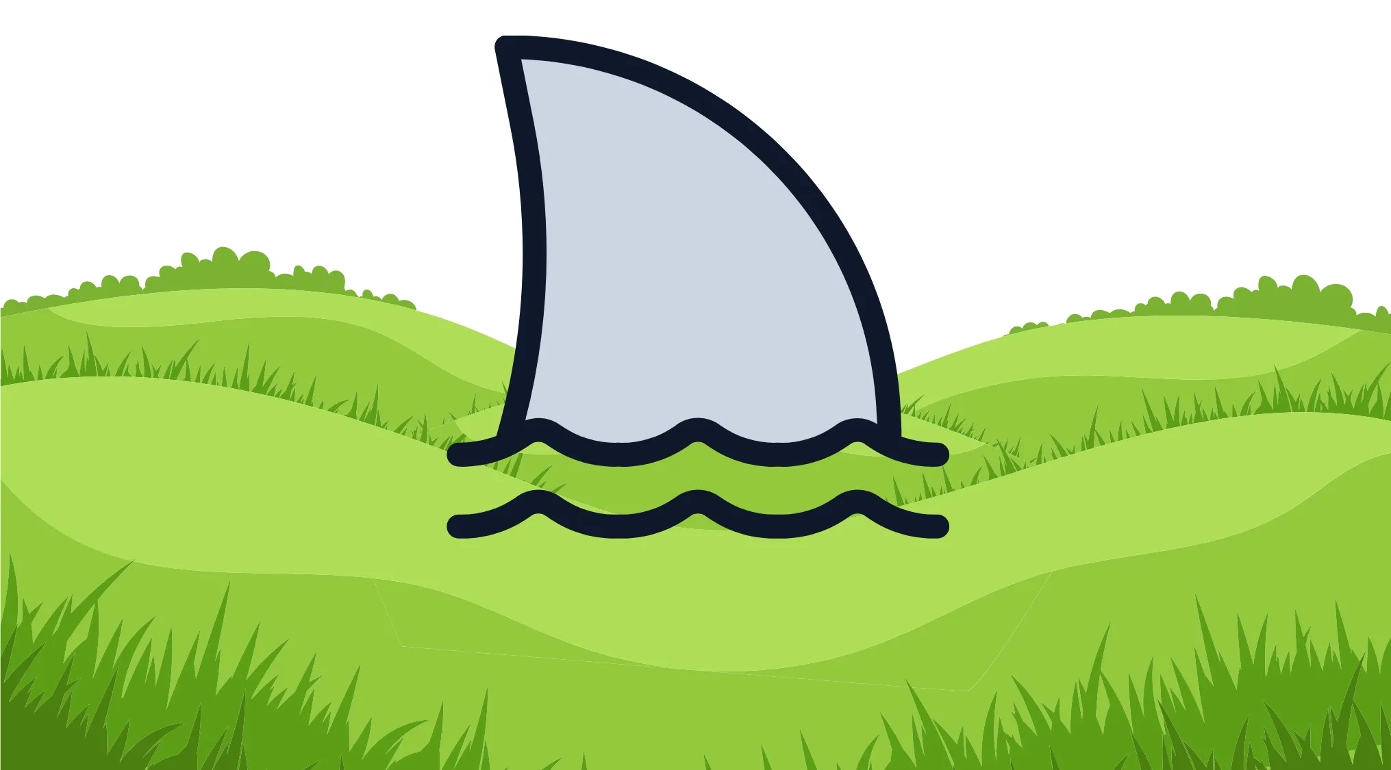 A cartoon shark fin with waves, rising from a vibrant green, grassy hill, offering a rebus puzzle to guess a country.