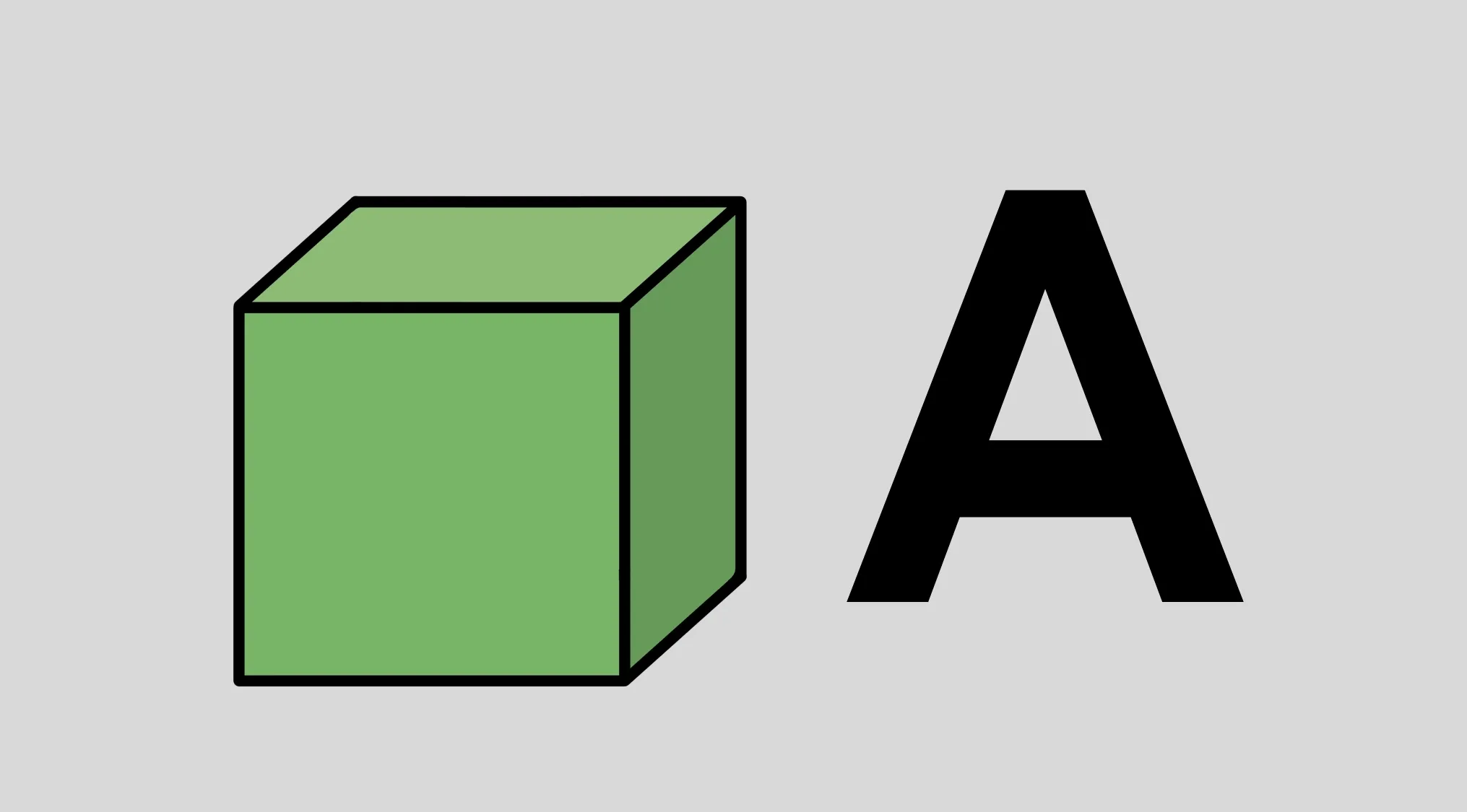 A light green cube with a black outline next to a large black letter A. This image represents a rebus puzzle for a country.