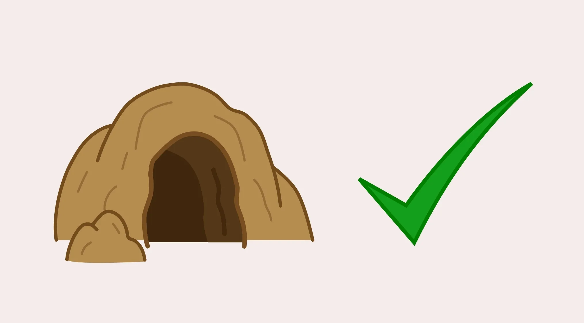 A brown anthill or cave entrance next to a large green checkmark, symbolizing a correct answer to a country rebus.