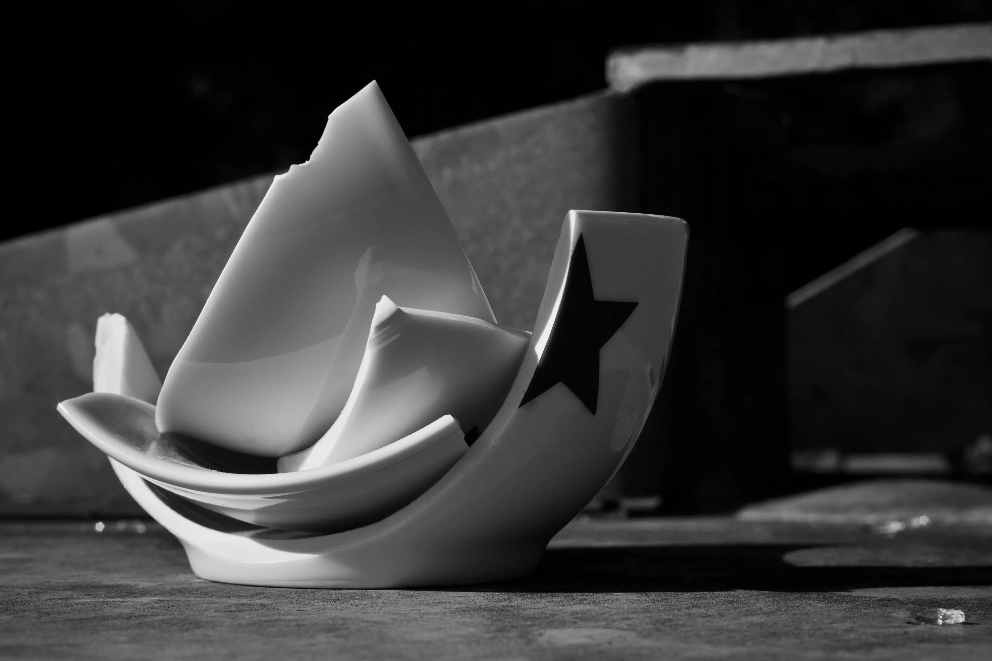 A broken ceramic bowl with a star design in black and white. What kind of liar are you when you broke something at a friend's house?