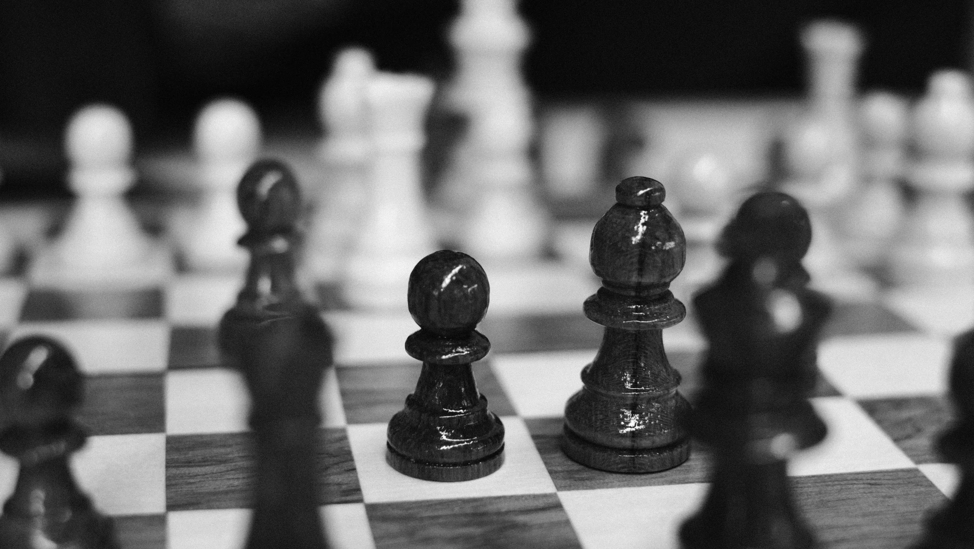A close-up, black and white shot of a chess board with several pieces, a hobby people might lie about.