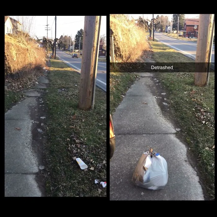 Before and after images of a sidewalk cleanup, illustrating how people can reduce trash and improve public spaces.