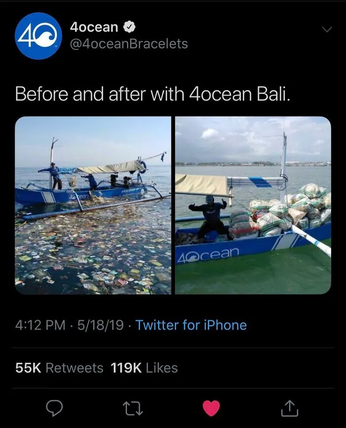 Before and after images show a boat on a body of water, first surrounded by trash, then clean, showcasing efforts to reduce trash.
