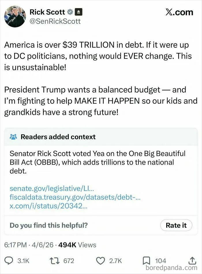 Rick Scott's tweet about national debt fact-checked for voting for a bill that added trillions, showing people who got fact-checked.
