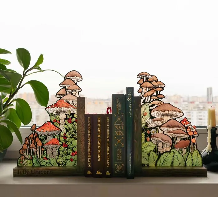 Handmade Stained Glass Book Ends With Mushrooms