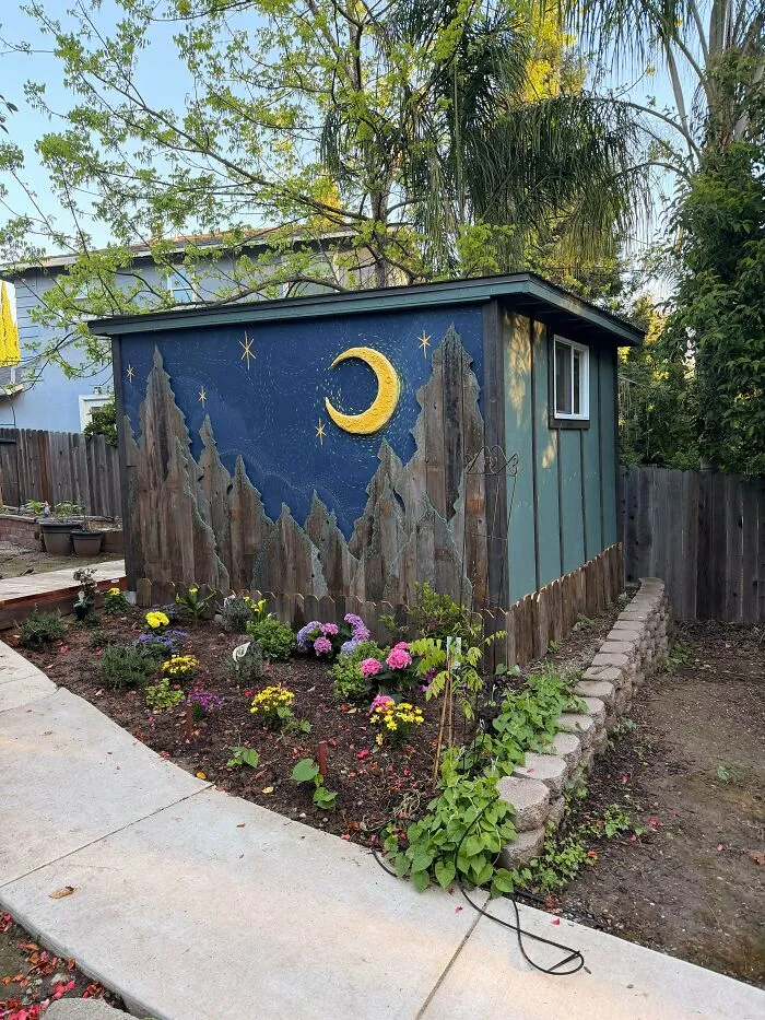 I Decorated The Side Of My New Shed With Trees Made From Old Fence Boards