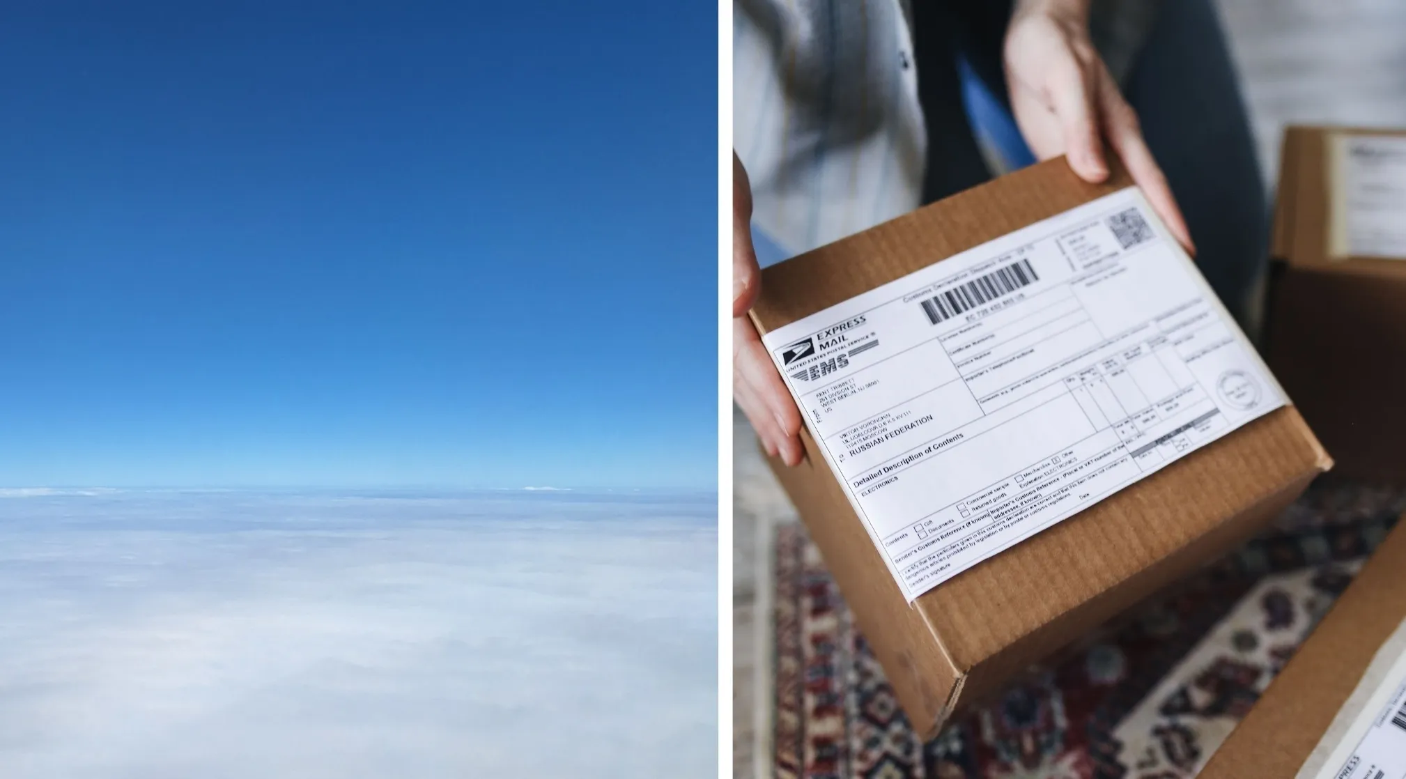 Two images: clear blue sky above clouds, and hands holding an Express Mail package. Which word connects these?