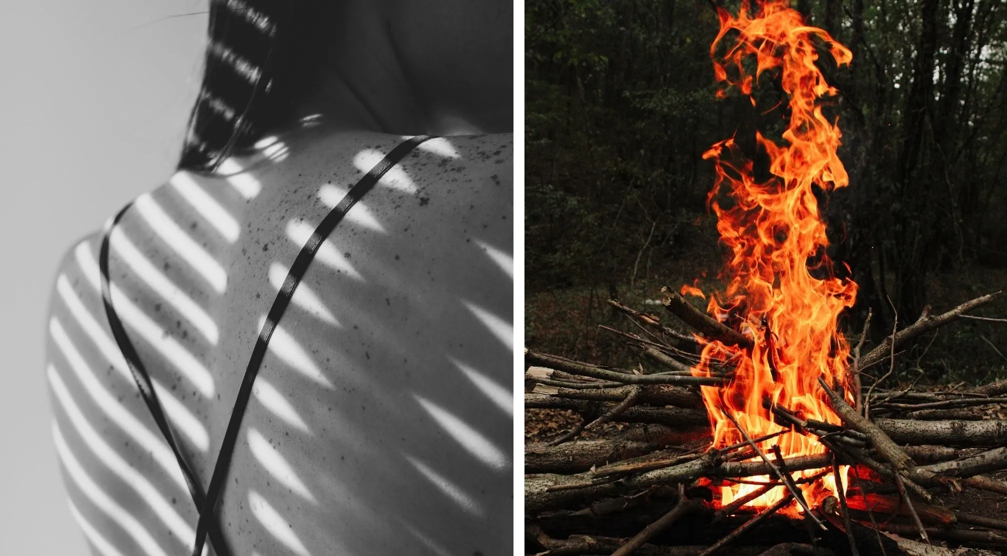 A split image for What word do you see here? A b&w shoulder with light stripes and a fiery bonfire.