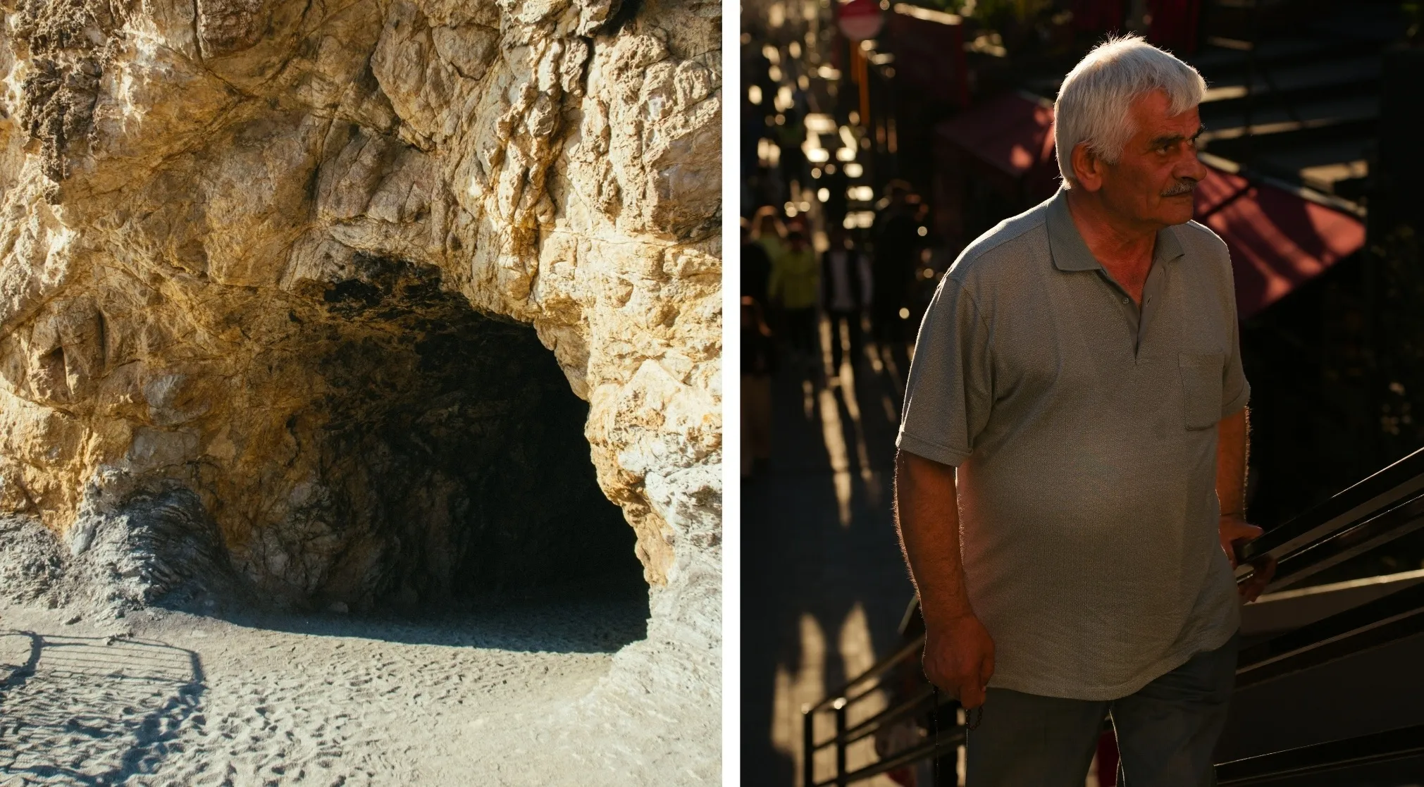 A split image: a rocky cave on the left, an older man with gray hair walking on the right. Find the word hidden in these visuals.