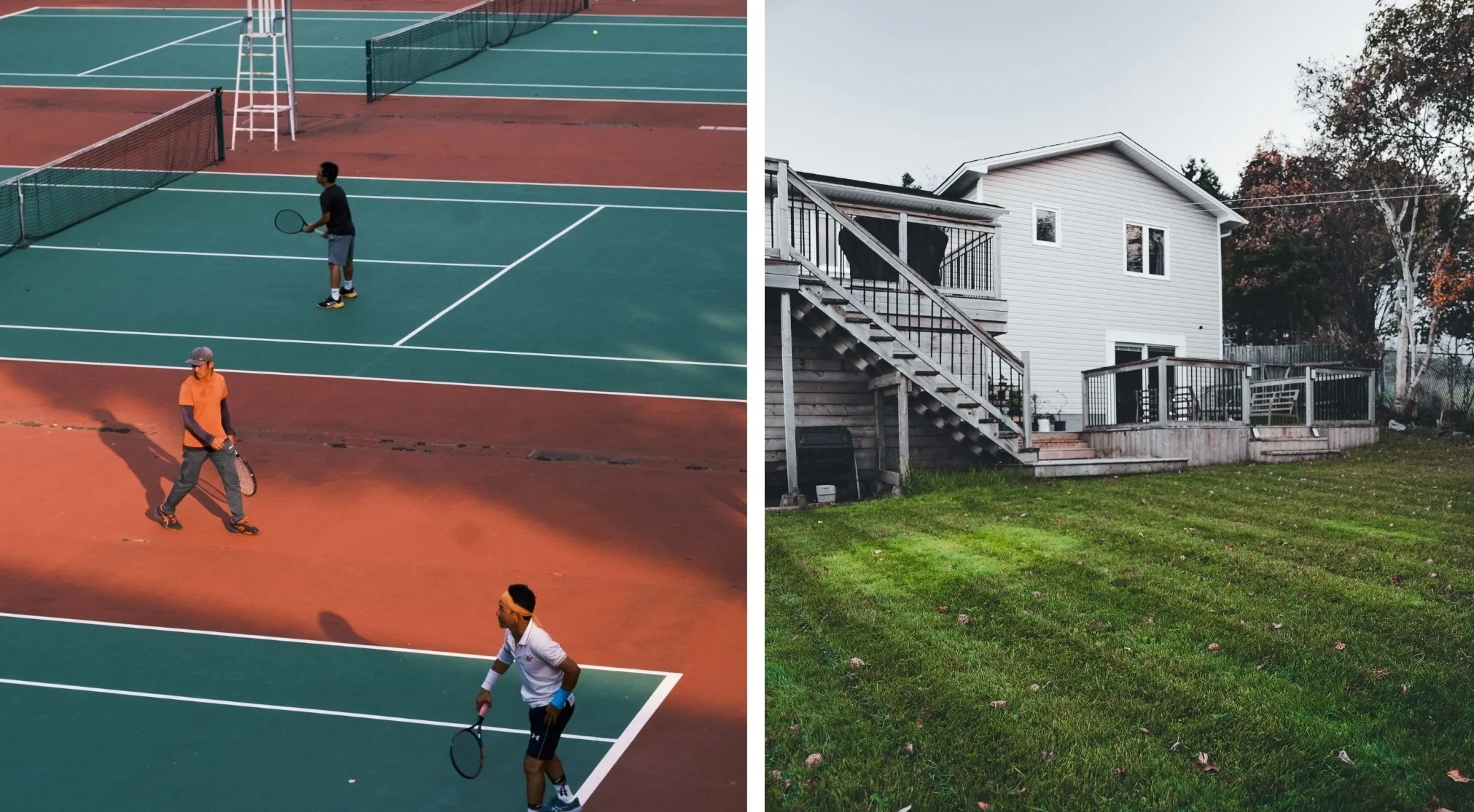Two images combined: a tennis court with players and a house with a backyard. Put these images together to make a word.