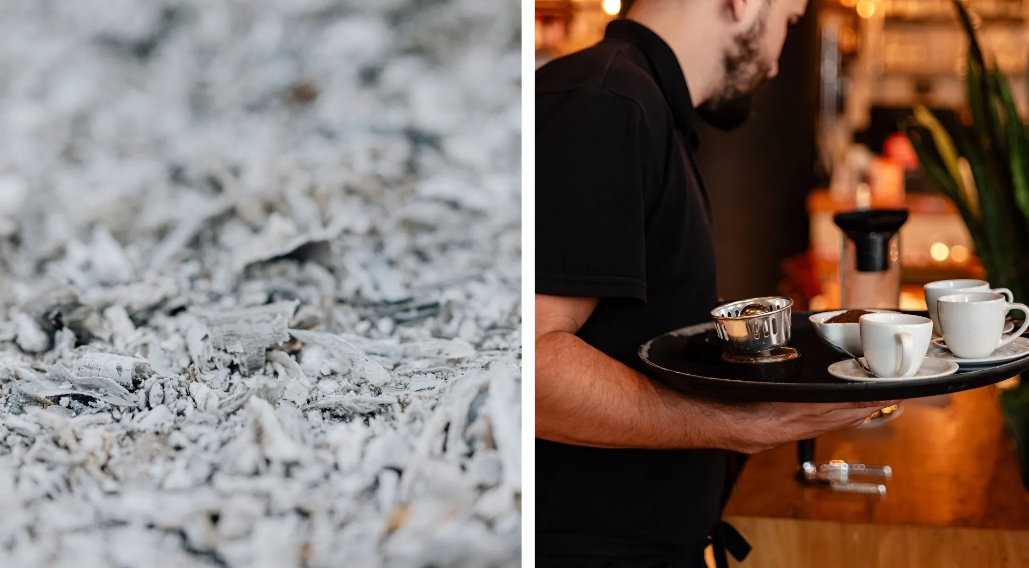Two images: close-up of wood ash and a waiter holding a tray with espresso cups, coffee, and sugar.
