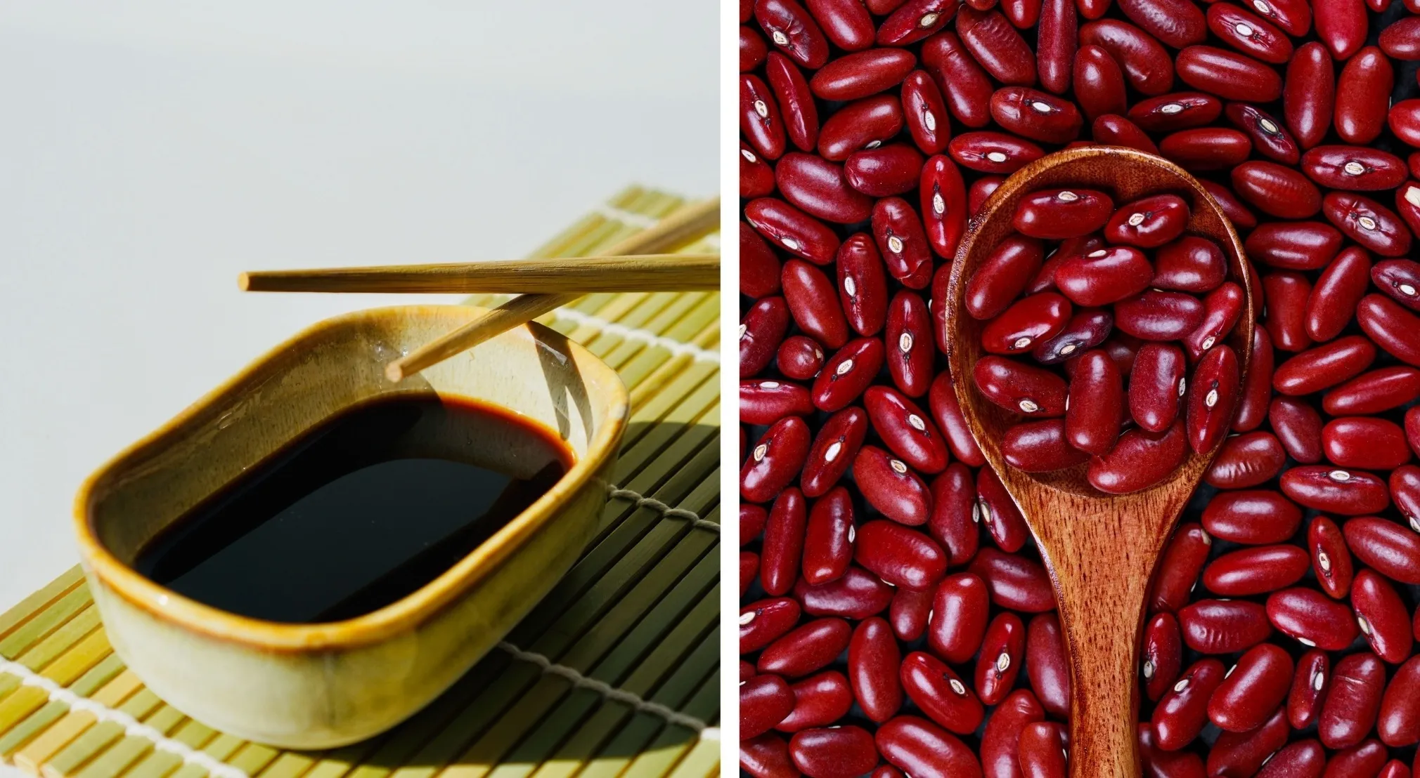 Two images side-by-side. The left shows a bowl of soy sauce with chopsticks. The right shows red kidney beans, some in a spoon. Find the word these images represent.