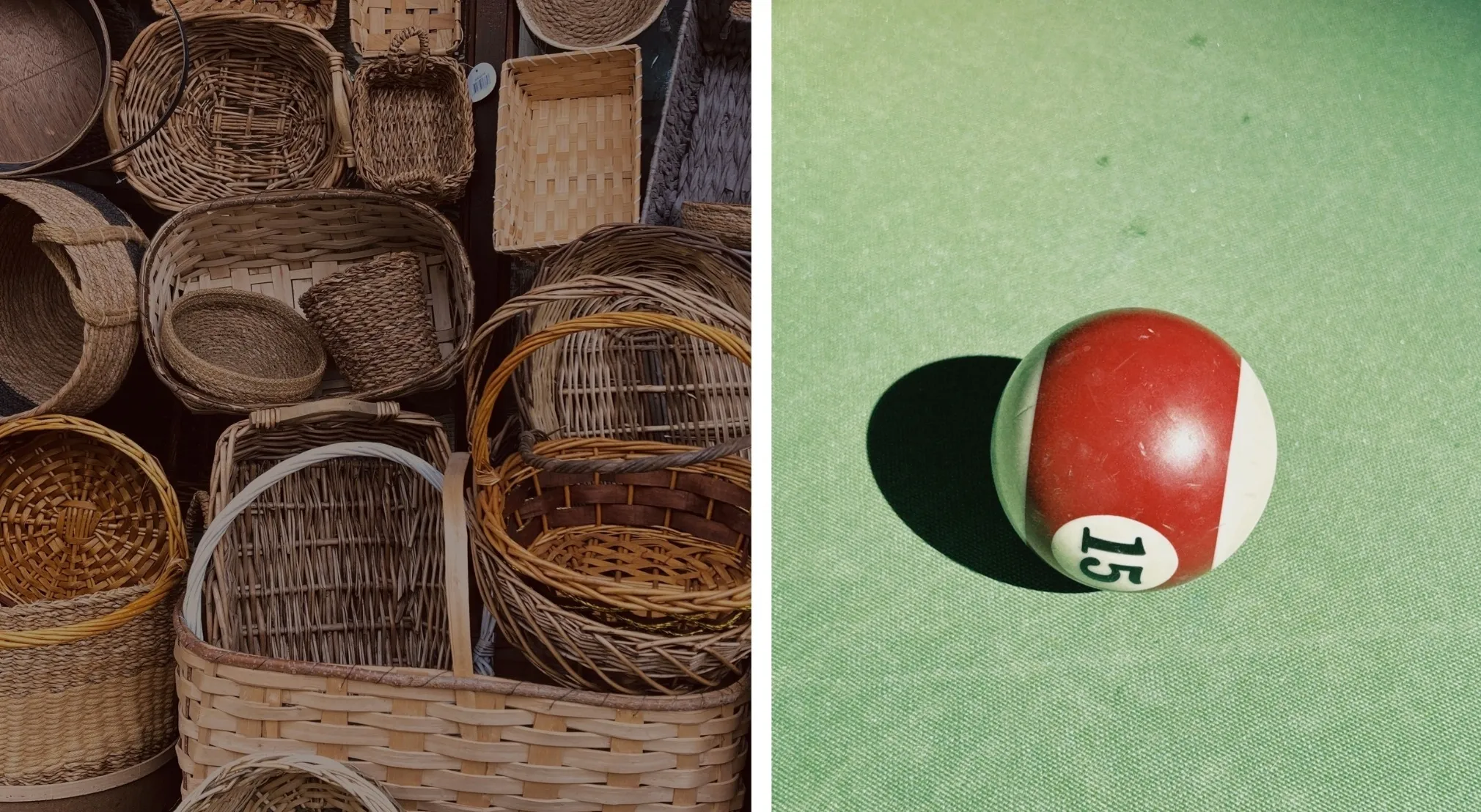 Many woven baskets of various sizes on the left, next to a red and white number 15 pool ball on a green surface on the right, for a two images word puzzle.