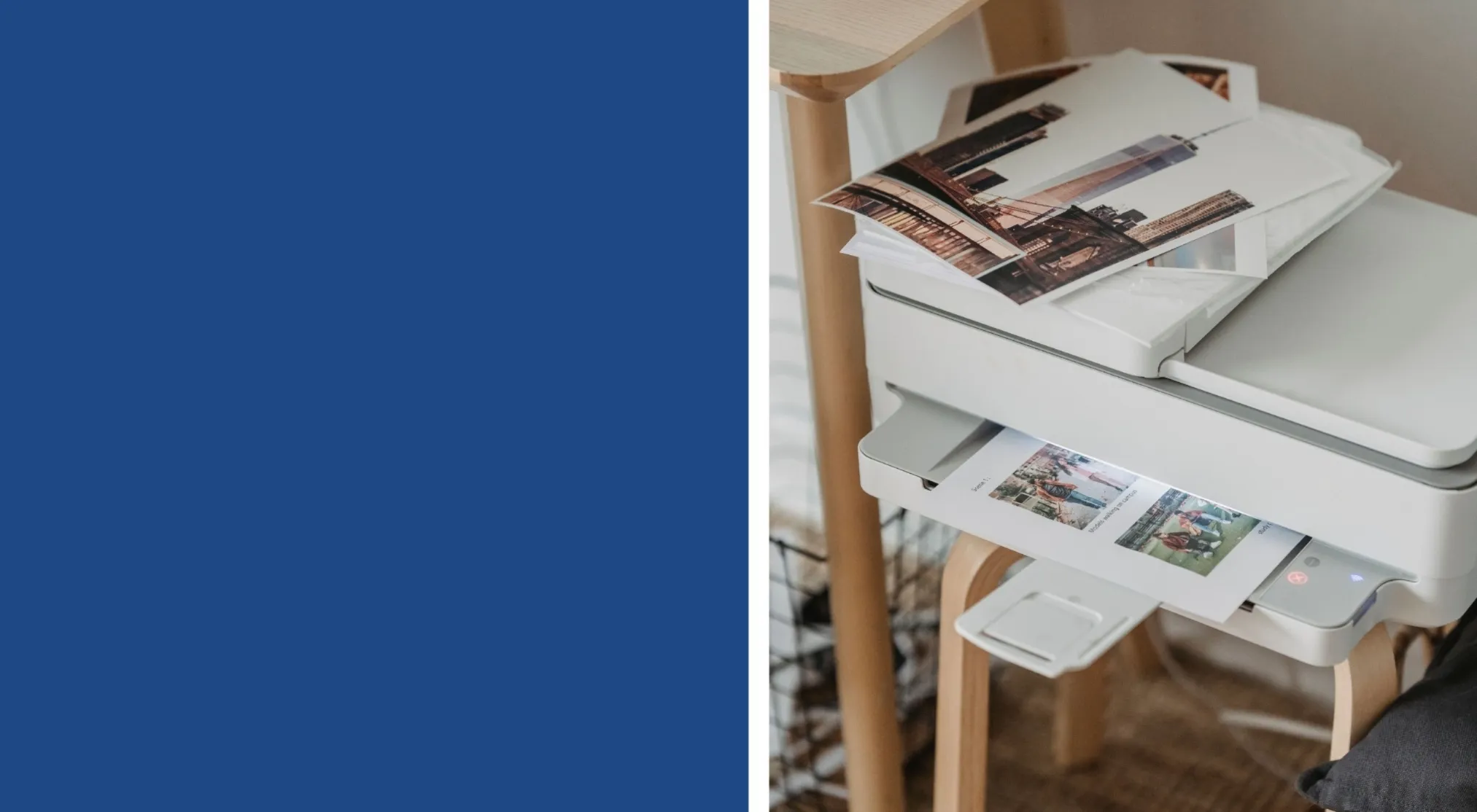 A white printer with photos on top and one printing from the tray, illustrating words from two images.