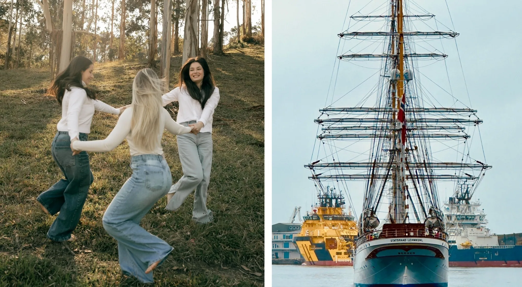 Two images: left shows three young women dancing in a circle outdoors; right shows a majestic sailing ship at sea. What single word comes from these images?