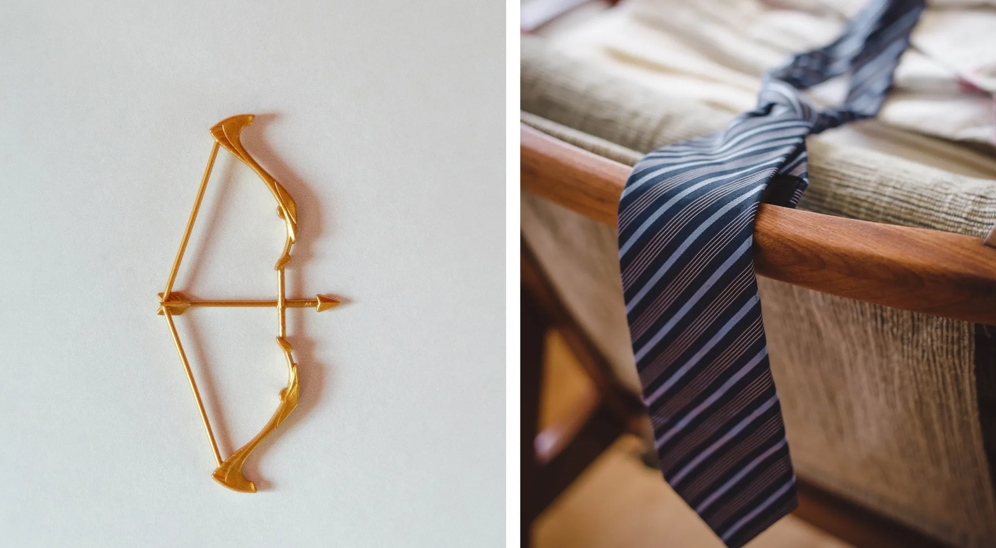 Two clues suggest a word: a golden bow and arrow, and a striped tie draped over a wooden chair.
