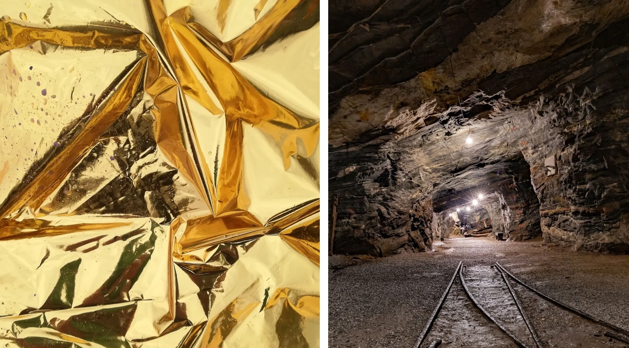A merge two images showing crumpled gold foil on the left and a dark mine tunnel with tracks and lights on the right.