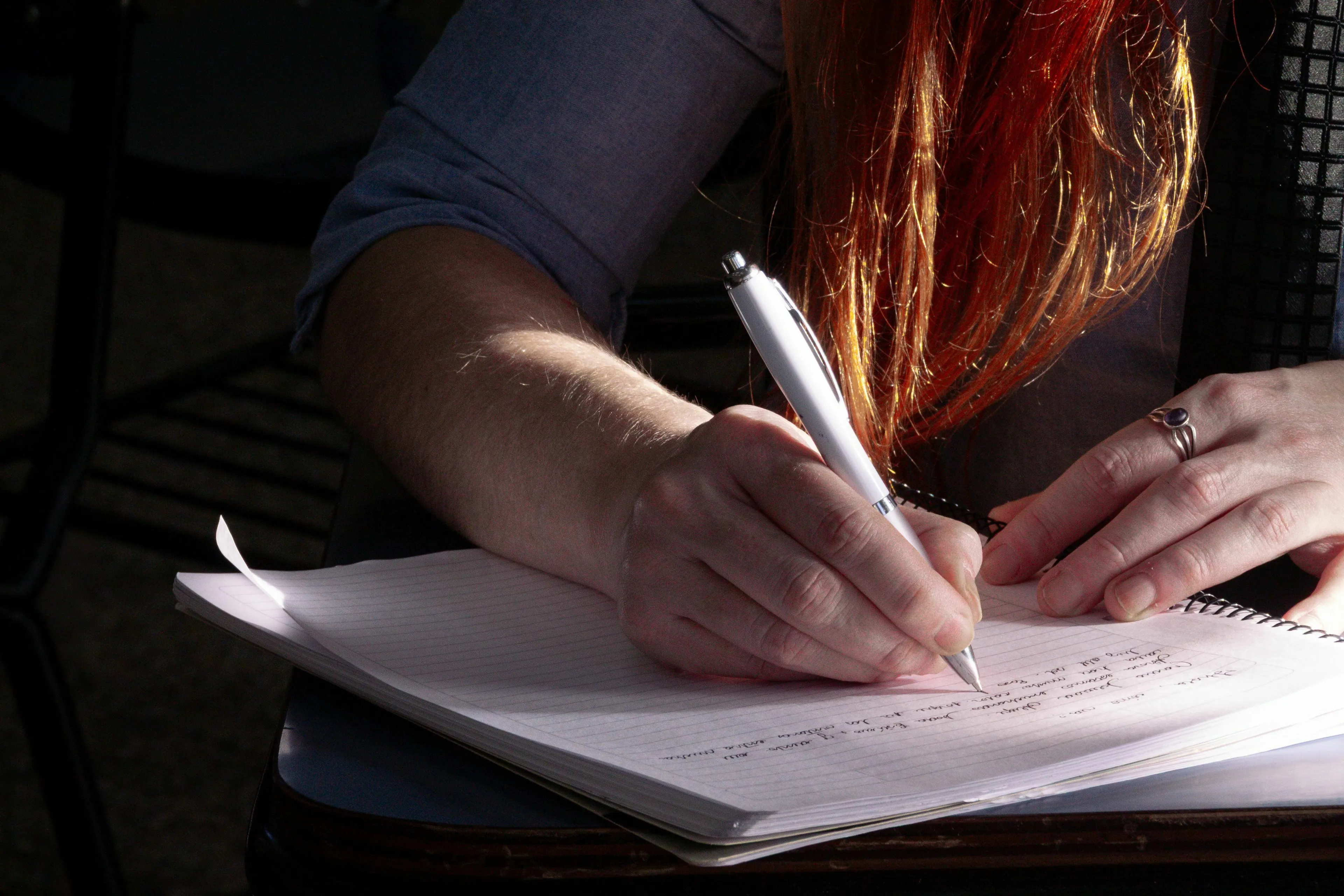 A person writing in a notebook, symbolizing learning and scholarly pride in a Renaissance workshop context.