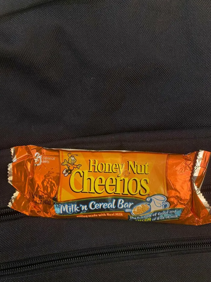 An old Honey Nut Cheerios Milk n Cereal Bar, a product found at home that proves some people never throw anything away.