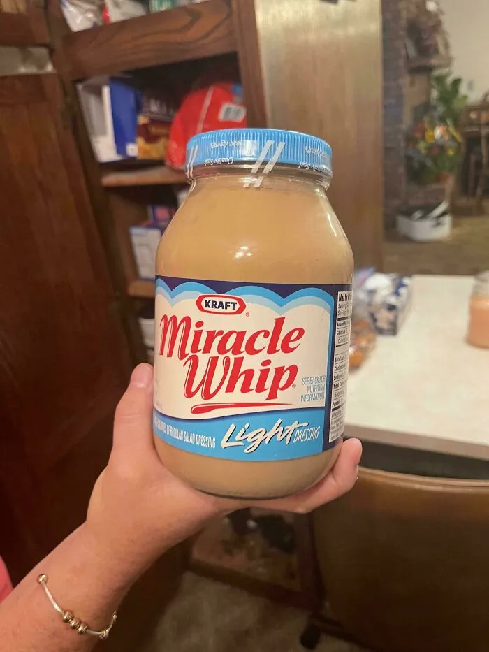 A jar of Kraft Miracle Whip Light Dressing, an old product people found at home.