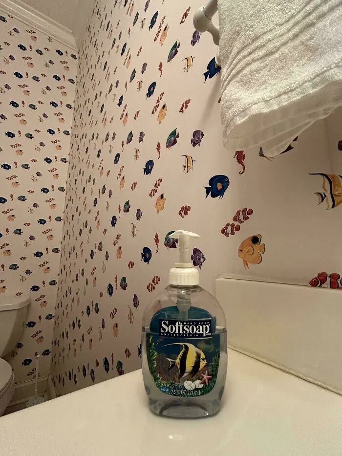 A bottle of Softsoap on a bathroom counter with fish-themed wallpaper, among old products people found at home.
