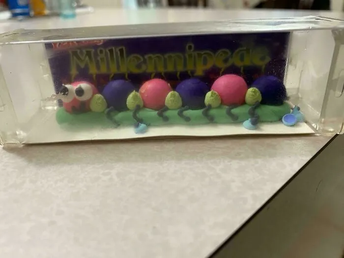A Millennipede toy in a clear plastic case, one of many old products found at home.