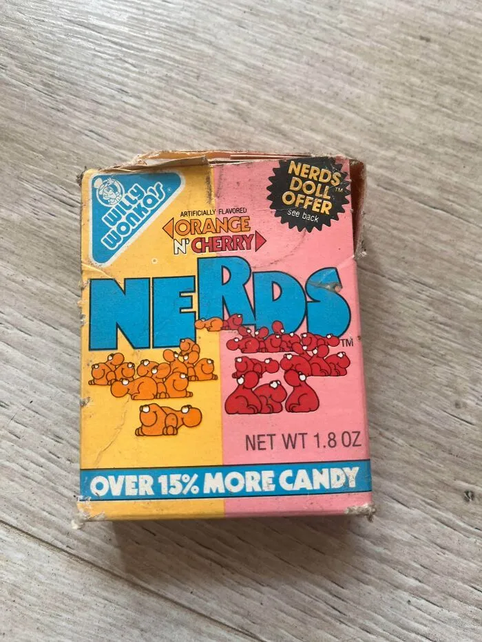 A very old, faded box of Willy Wonka Nerds candy, an old product found at home.
