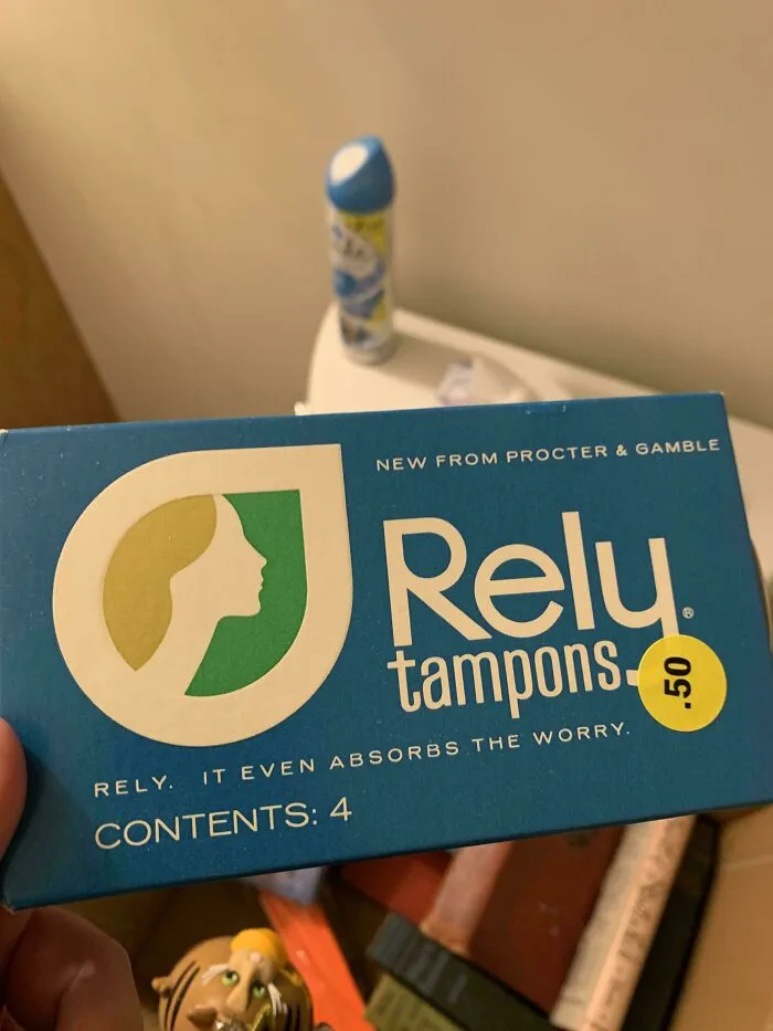 A box of Rely tampons, an old product found at home that some people never throw away.