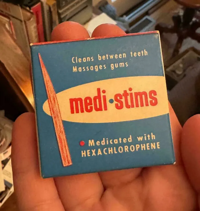 A small box of medi-stims, a retro oral hygiene product, found at home, proving some people never throw anything away.