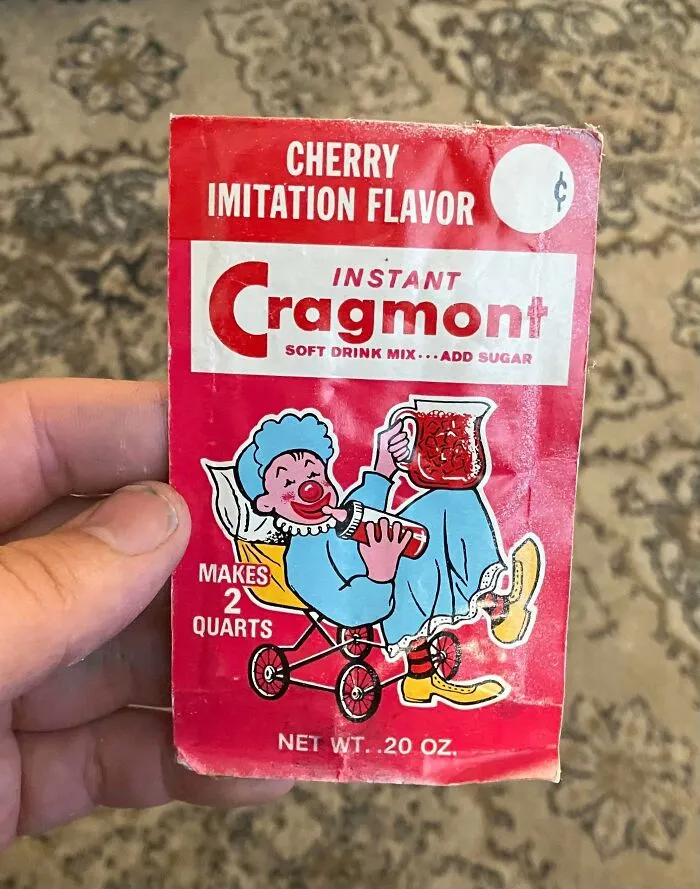 A vintage packet of Cragmont Cherry Imitation Flavor instant soft drink mix, an old product people found.