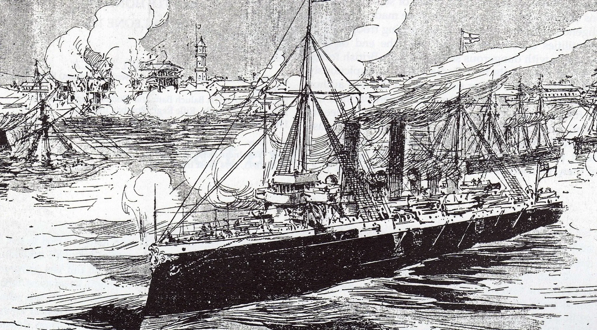 An old illustration depicts a naval battle with smoke billowing from ships and buildings, showcasing Weird History Facts about the shortest war.