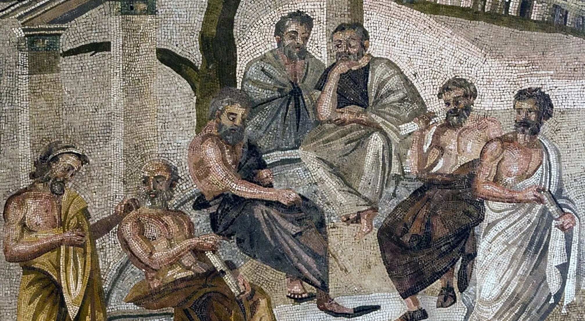 An ancient Greek mosaic depicting philosophers, representing the Weird History Facts about redheads becoming vampires.