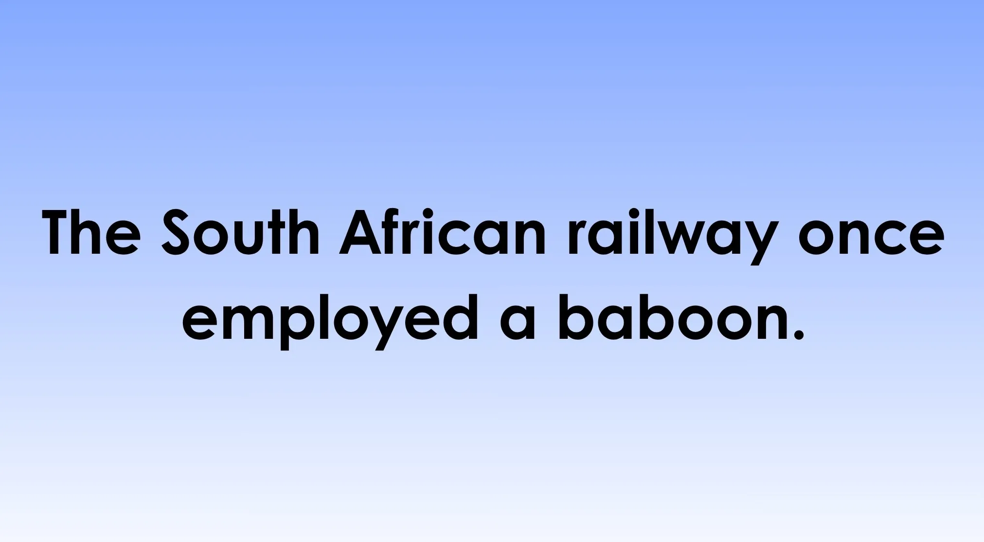 Text on a blue gradient background stating, The South African railway once employed a baboon, revealing a Weird History Fact.