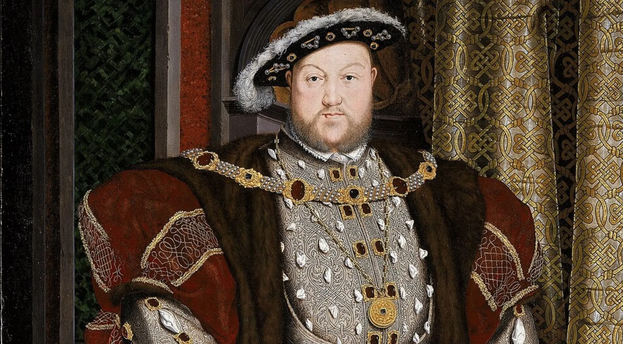 A portrait of King Henry VIII, dressed in rich fabrics and elaborate jewelry, for weird history facts.