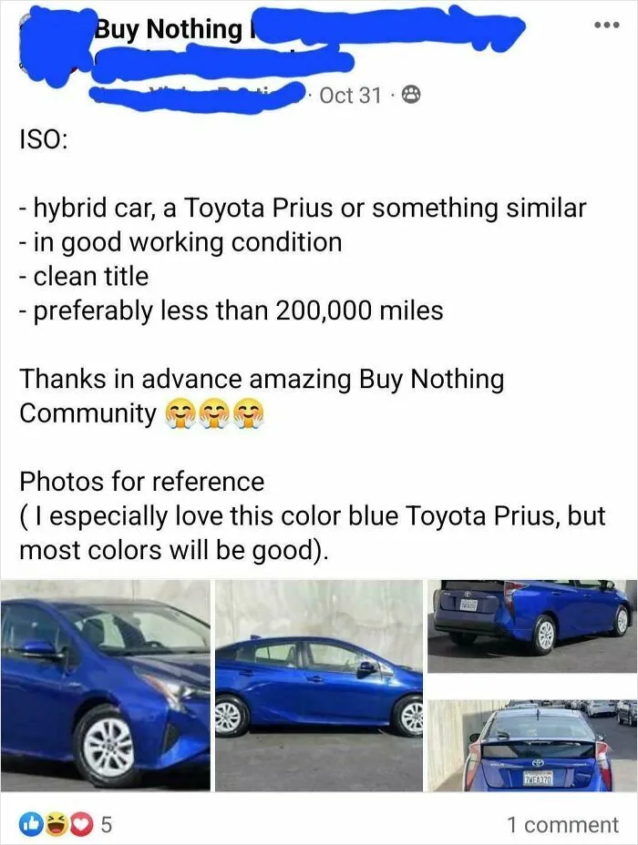 Woman Asks For Blue Prius In Buy Nothing Group 