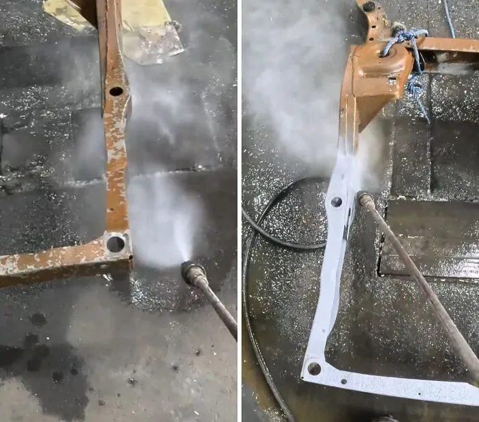 Power washing removes rust and grime from metal frame, showing satisfying cleaning results.