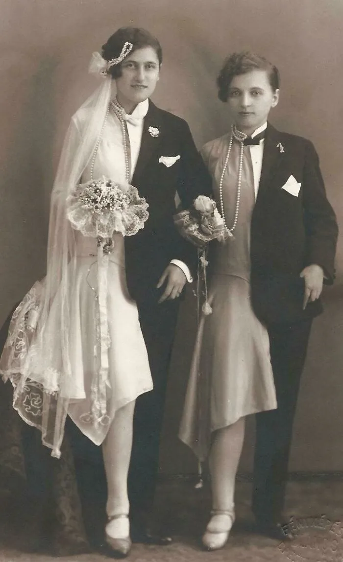 Atelier Photo: "A Lesbian Couple In Semi Drag Wedding Attire"; Kingdom Of Hungary - Budapest, 1920